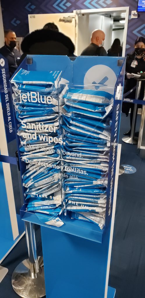 JetBlue Sanitizing napkin station at LGA