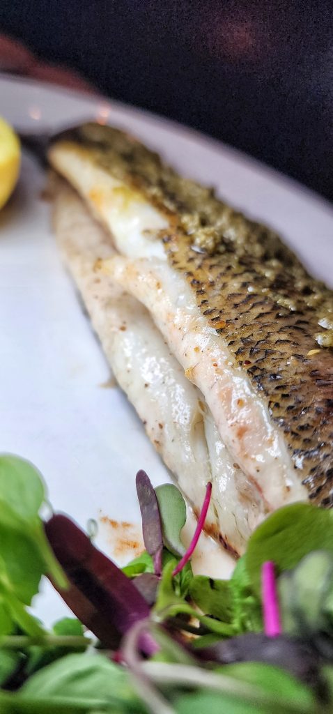 Sea Fire Grill ROASTED MEDITERRANEAN BRANZINO up close
