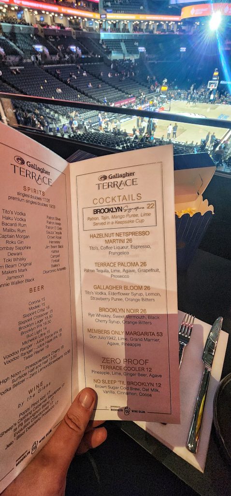 Barclays Center Gallagher Terrace Drinks Menu