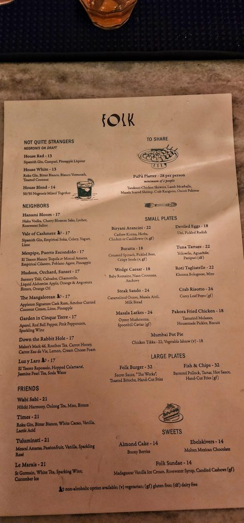 Folk Brooklyn menu