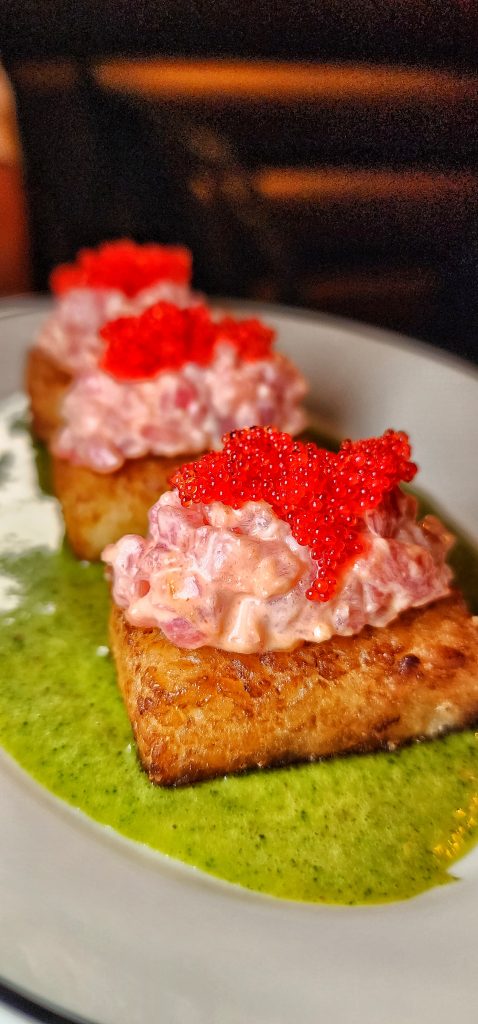 tuna crispy rice chili sauce upclose