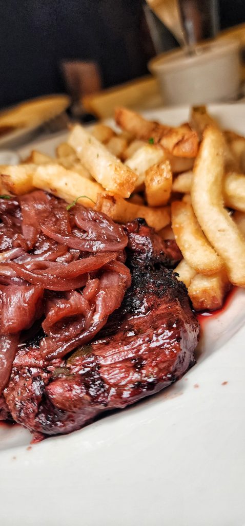hanger steak onion jam watercress